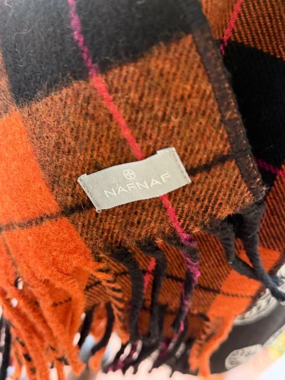 NAF NAF Oversized Plaid Scarf Wrap Orange Black Pink Fringe Unisex